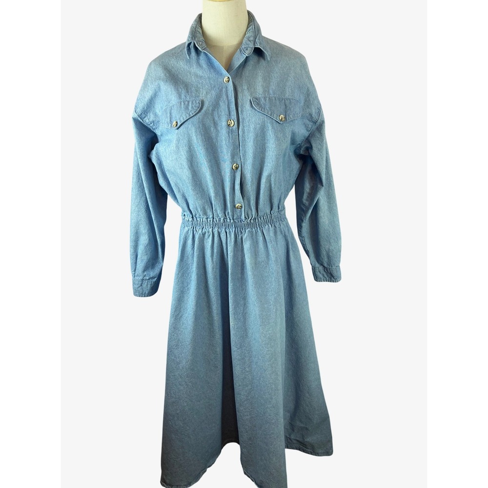 OshKosh Denim Jean Dress Button Front Elastic Waist Midi Women Size 14 USA